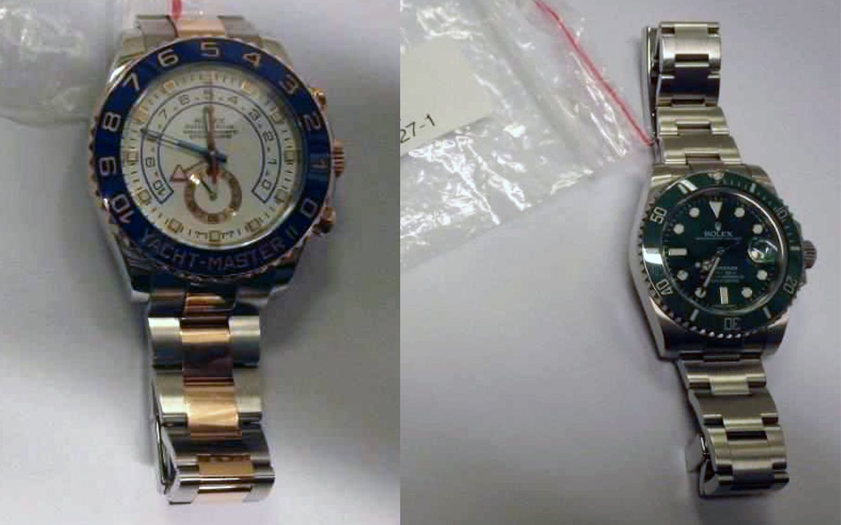 I lägenheten hittades en Rolex-klocka, värderad till 80000 kronor. Hyresgästens son hade under 2016 ingen deklarerad inkomst, och blir nu av med klockan. Ytterligare en Rolex-klocka hittades vid polisens tillslag, men denna kunde inte anses förverkad då en av sonens kusiner gjort anspråk på den. Foto: polisens förundersökning