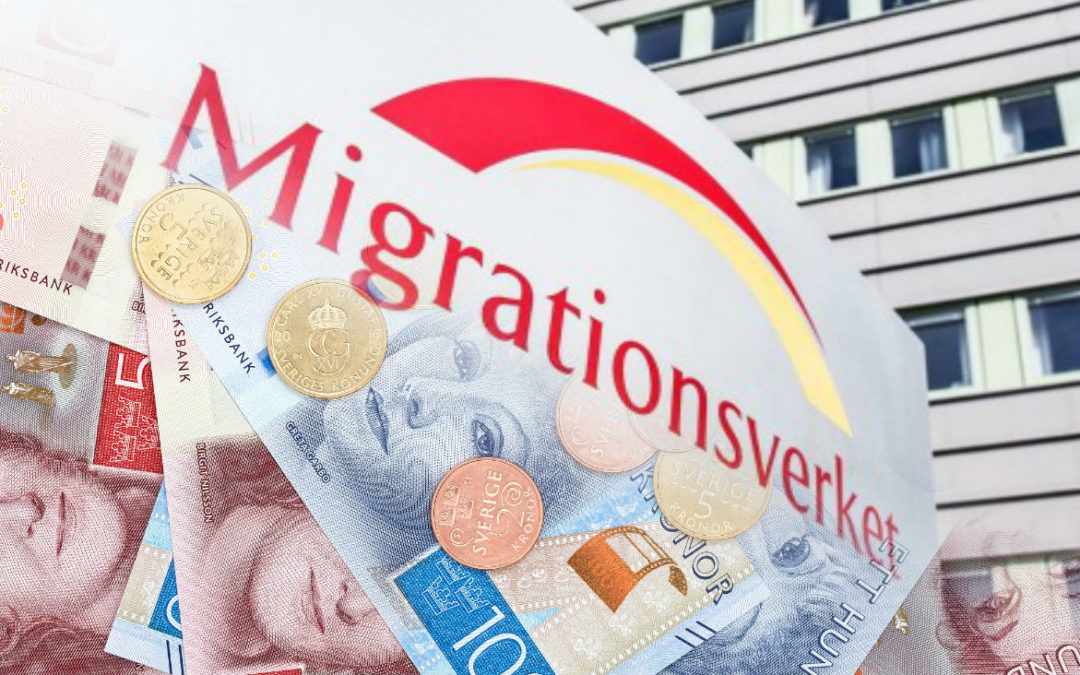 kollage med pengar Migrationsverkets röda logga och en husfasad i bakgrunden