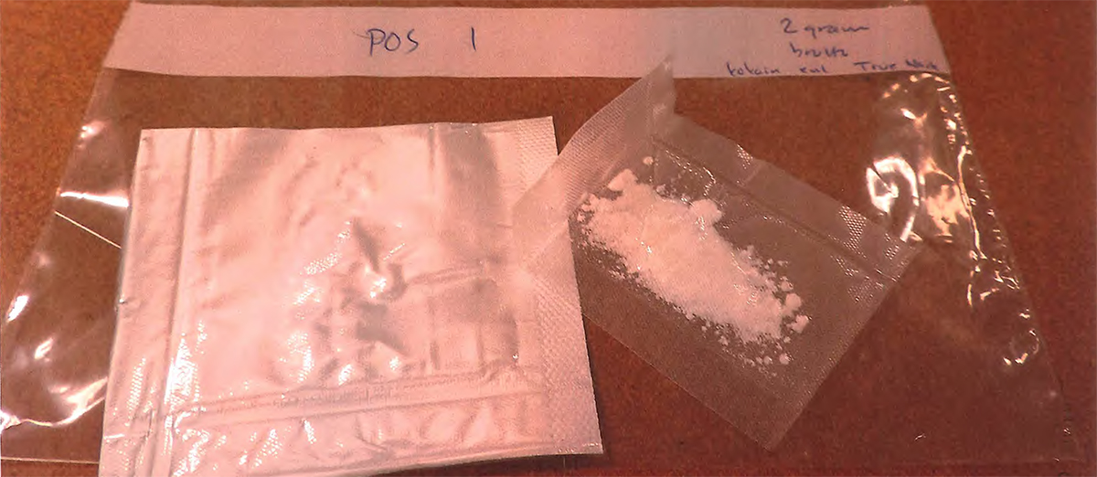 Beslagtaget kokain i plastpåse.