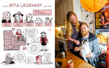 Collage av Henri Gylanders serie samt ett foto på Linn Wahlgren, Henri Gylander och katten Totoro i ett kök.