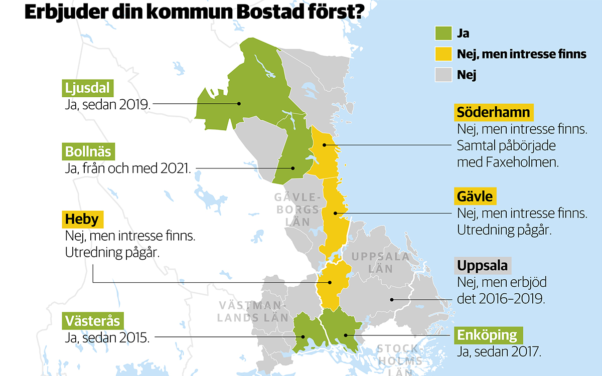 Hem & Hyras kartläggning visar att bara i 4 av 28 kommuner Gävleborgs, Västmanlands och Uppsala län använder modellen Bostad först, medan ytterligare tre kommuner är intresserade av att införa den. I Uppsala har Bostad först lagts på is, men det finns förhoppningar om att återuppta arbetet. Grafik: TT Nyhetsbyrån