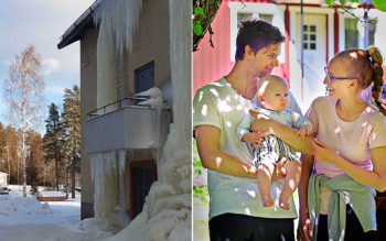 En delad bild där det ena fotot visar en helt nedisad fasad medan det andra fotot visar ett ungt par med sin bebis, framför sitt hus.