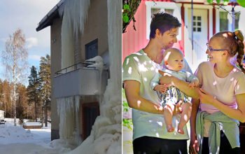 En delad bild där det ena fotot visar en helt nedisad fasad medan det andra fotot visar ett ungt par med sin bebis, framför sitt hus.
