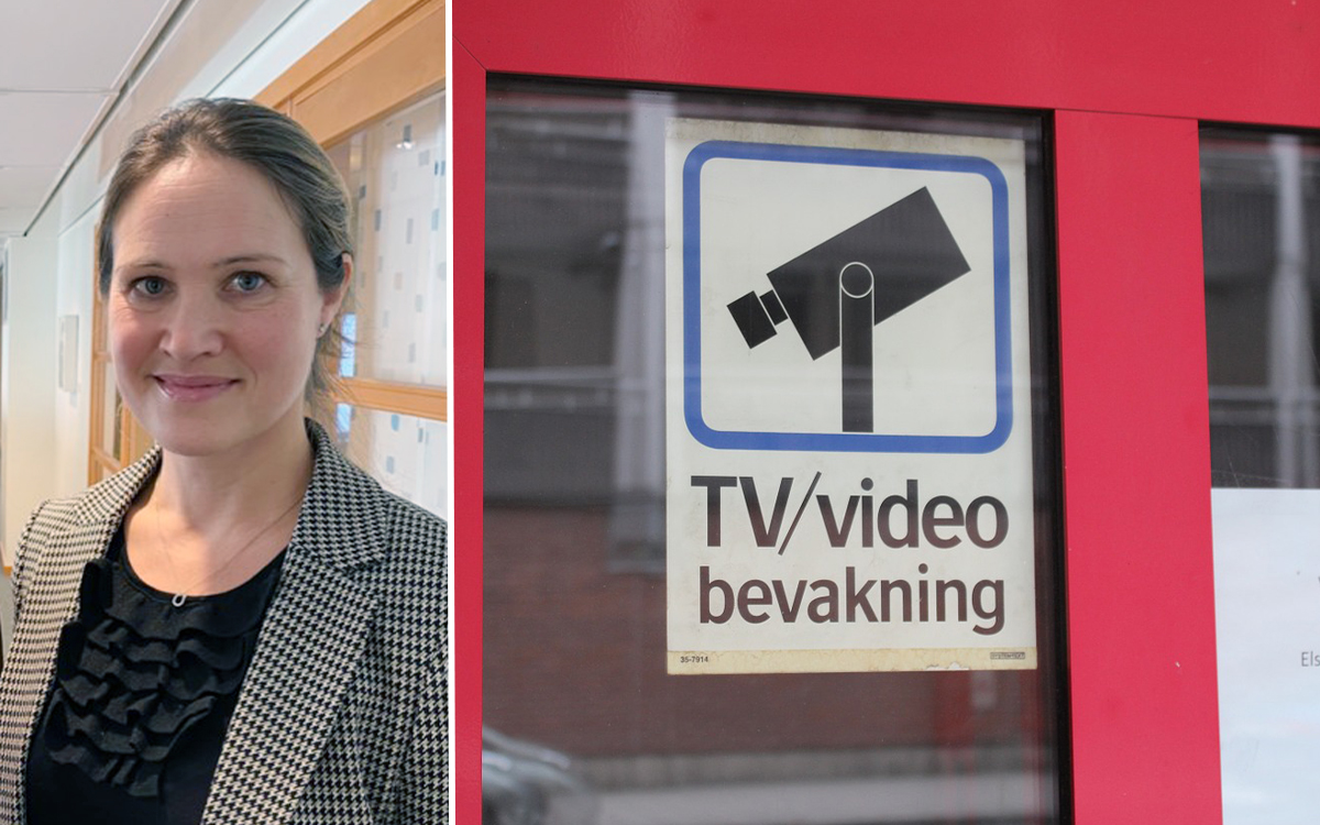 Kameraövervakning. Kvinna på bild plus skylt TV/videoövervakning