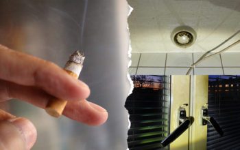Bildcollage med cigarett ventilation i badrum och fönsterkarmar gulfärgade av nikotin.