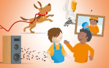 Bilden är en grafisk illustration som föreställer en hund i koppel, musik i form av toner som stömmar ut ur en högtalare, en rykande cigarrettfimp, en inramad tavla och två personer som pratar med varandra.
