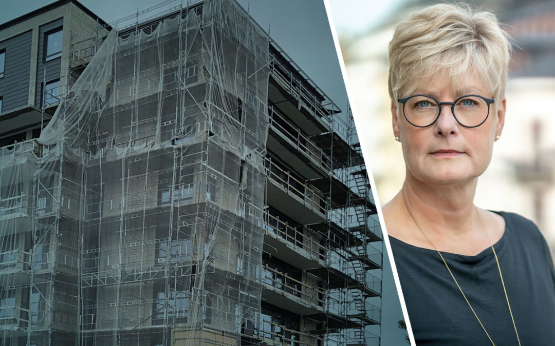 Ett hus under renovering och Marie Linder, förbundsorförande för Hyresgästföreningen.