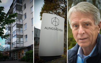 Husfasad på Oriongatan, Alingsåshems skylt, Sten-Åke Gustafsson (L), styrelseordförande för Alingsåshem