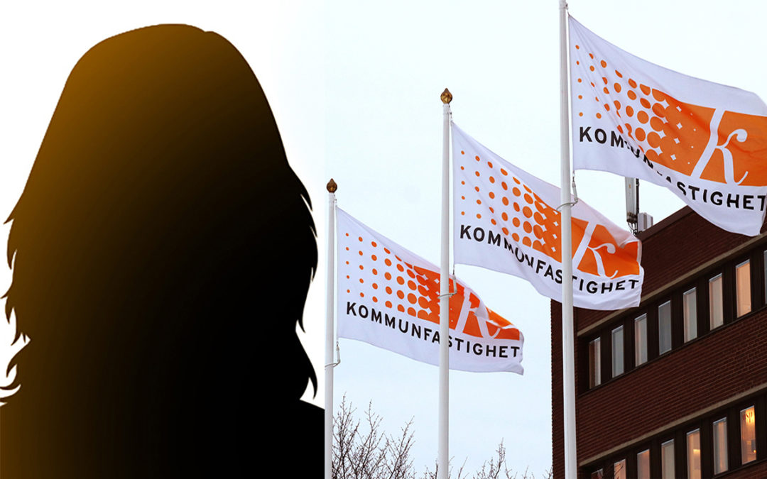 Fotomontage med dels en silhuettbild på en kvinna, dels en bild på tre Kfast-flaggor utanför huvudkontoret.