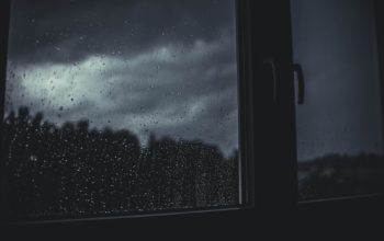Fönster med regndroppar på, utanför mörka trädsiluetter och moln. En kvinna som vill byta lägenhet på grund av oro nekas byte.