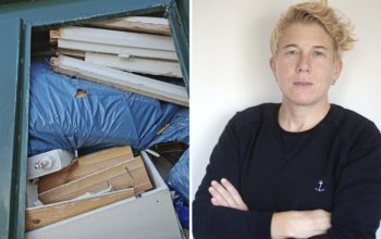 Byggcontainer med slängda lister och socklar i trä. Porträtt på Karin Johansson. Hon är kritisk mot konceptrenoveringarna i hennes hus på Bergsgatan i Gävle.