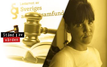 En domareklubba, texten "Sveriges advokatsamfund", en lagbok och en ung kvinna. Hyreskontrakt. Hyresvärd.