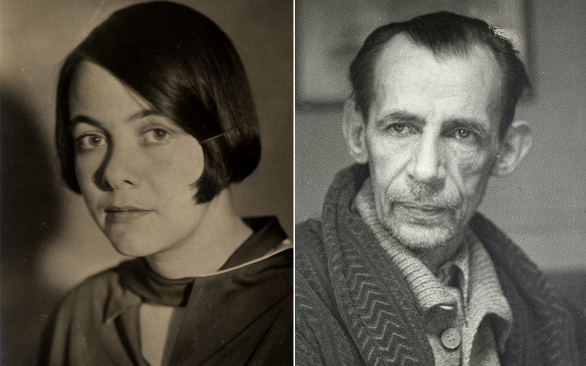 Två svartvita fotografier bredvid varandra. En bild på Karin Boye, den andra på en fårad Nils Ferlin.