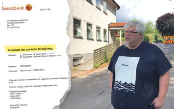 Faksimil "Ansökan om exekutiv försäljning" för hus i Örkelljunga och Skånes Fagerhult. Hyresgästen Magnus Nyh.