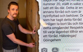 Dan Jönler vid sitt källarförråd och sms-meddelandet från Göingehem.