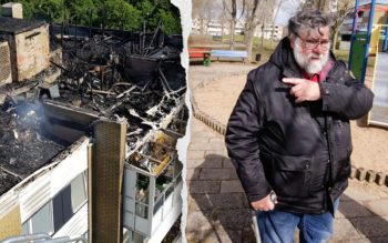 Jan-Åke Linderoth och huset på Koppargården som brann.