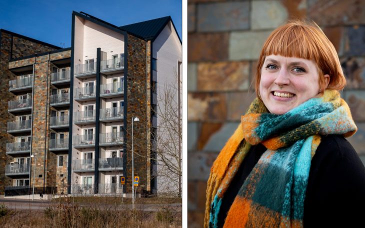 Hedda Tråcklare bor i det nybyggda kvarteret Kalmarporten i stadsdelen Snurrom. Bilden visar det hyreshus hon bor i.
