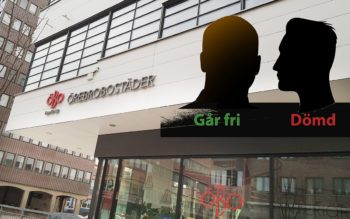 Exteriörbild på Öbos huvudkontor. Infällt i bilden syns två svarta silhuetter med texten "Går fri" respektive "dömd" under.