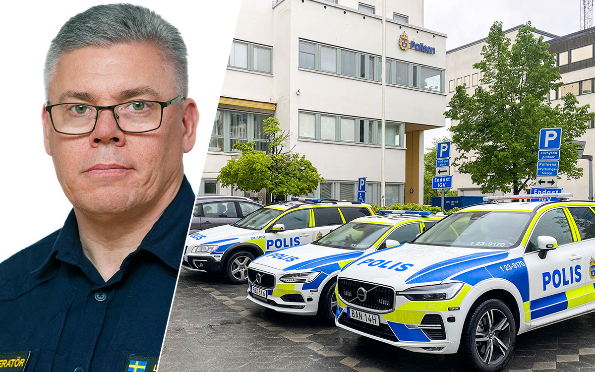 Bild på polishuset i Örebro. Polisbilar står parkerade utanför. Till vänster en bild inflikad på polisens presstalesperson Lars Hedelin.