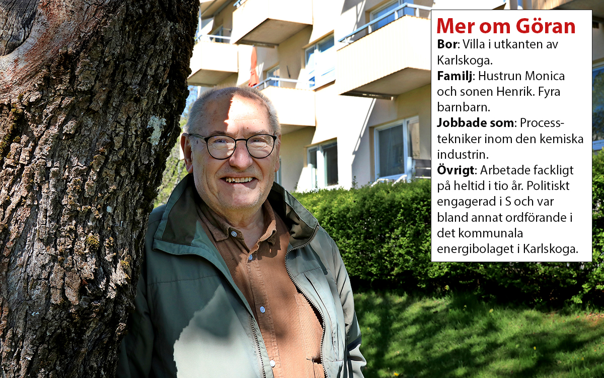 Göran står bredvid ett träd och tittar in i kameran. I bakgrunden syns en häck och en gul husfasad. Det är ett av barnrikehusen som byggdes i Karlskoga. Infälld i bilden finns en faktaruta. 