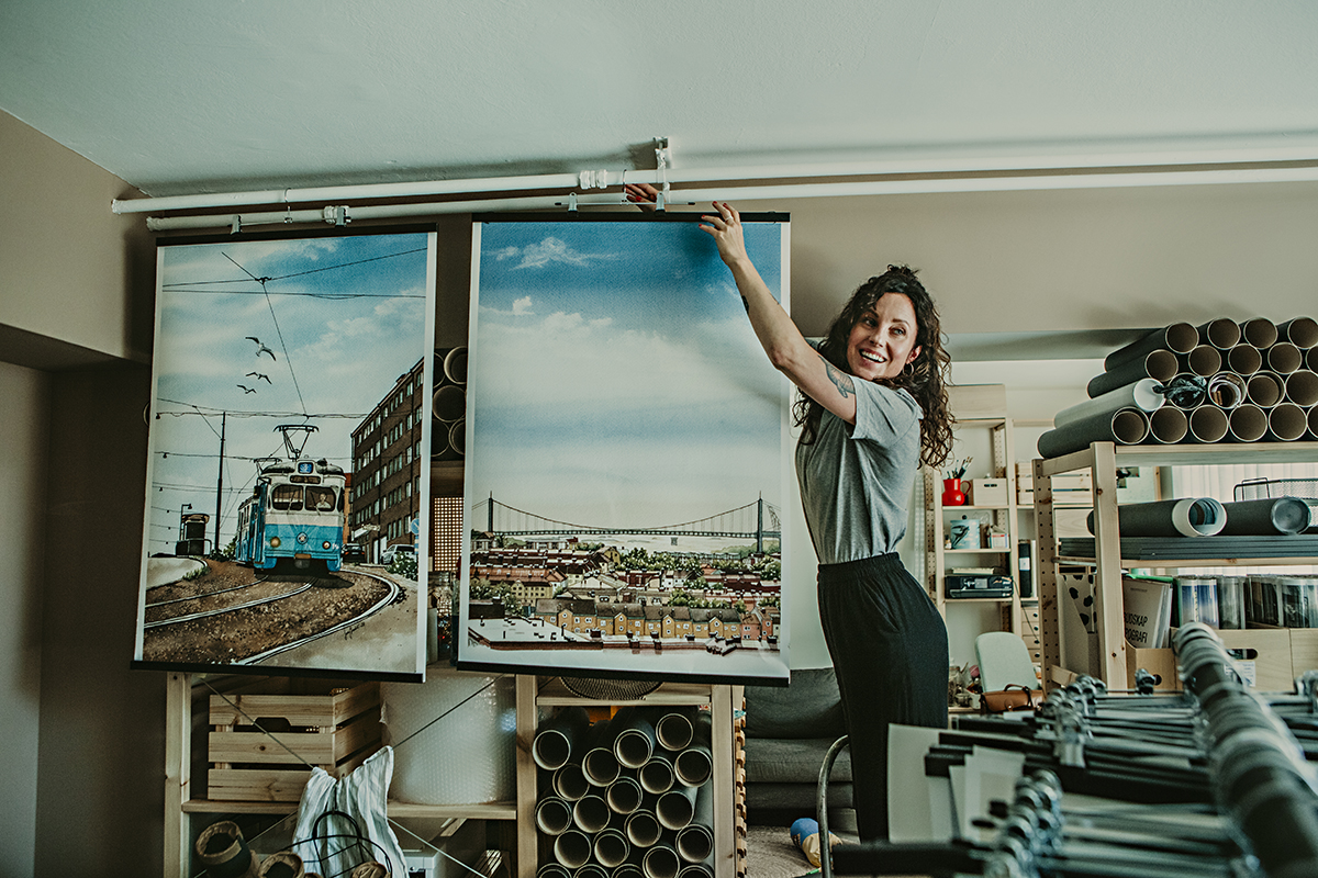 Konstnären Sara "Husritare" Andén målar hus och arkitektur från Göteborg