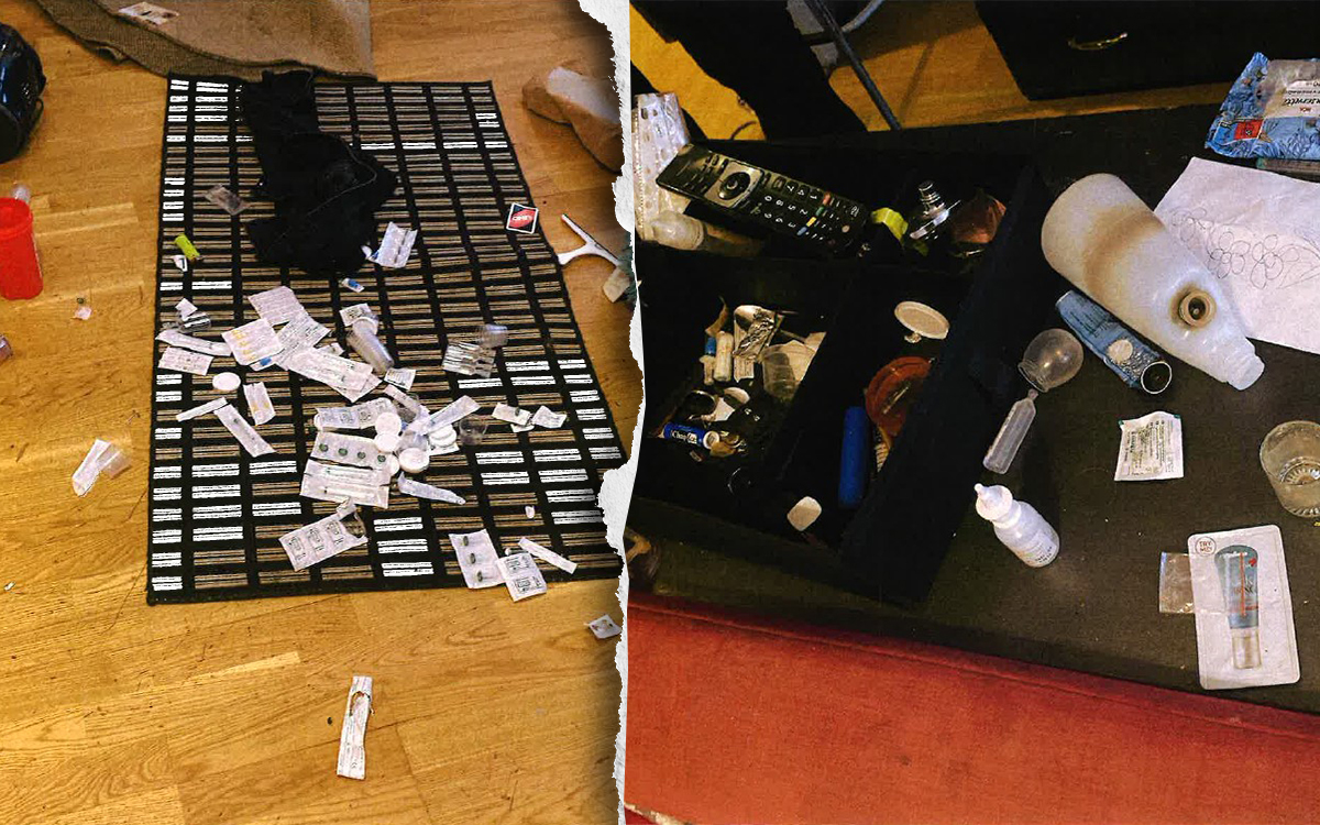 Tablettkartor och utrustning för narkotikamissbruk hos kvinna som mister lägenhet