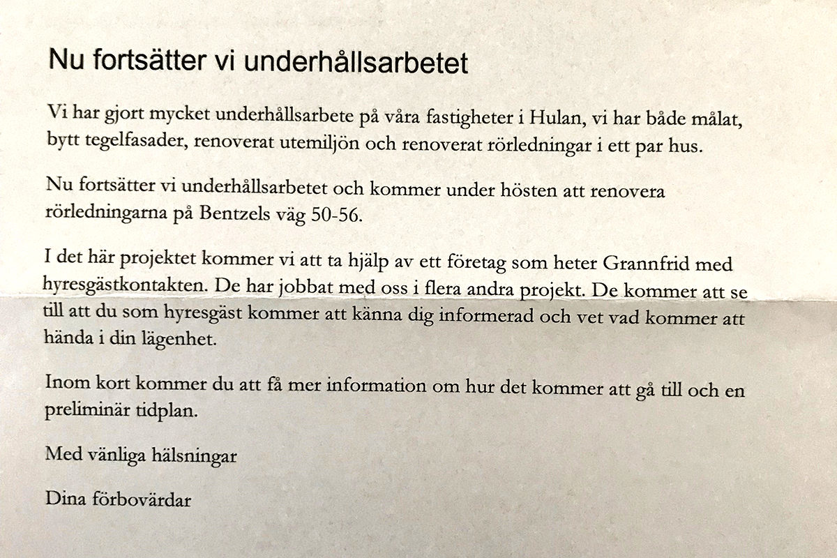 Informationsbrev från Förbo. Många hyresgäster har inte förstått innebörden och omfattningen av renoveringen som nämns, inte heller när den skulle starta.