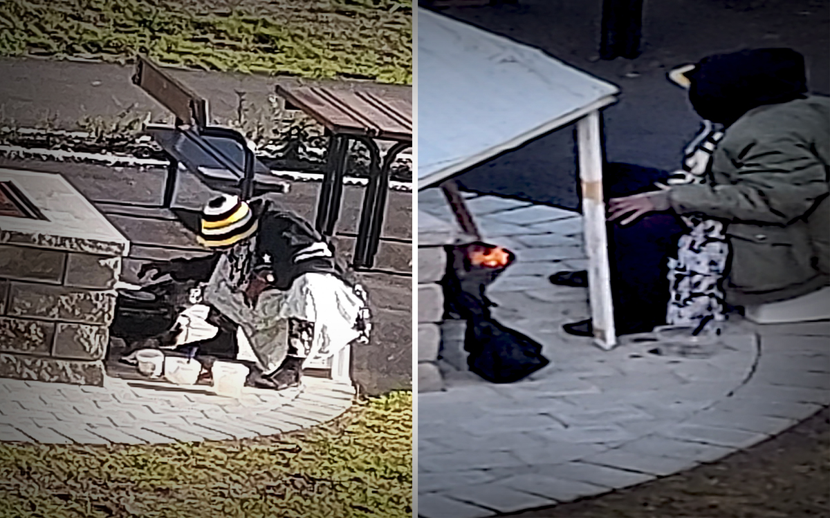 två bilder av personer som sitter och lagar mat utomhus vid bostadsområdets grillplats.