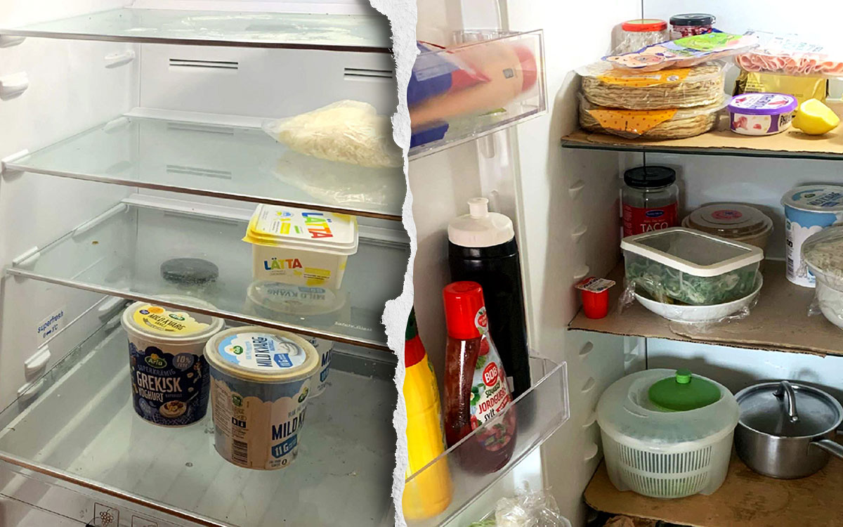 Kylskåpet i ettan ekar nästan helt tomt, visar polisens bilder. I mormoderns tvåa är kylskåpet däremot välfyllt, konstaterar patrullen.