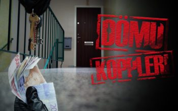Collage av trappuppgång, nycklar och pengar. En röd stämpeltext: Dömd. Koppleri.