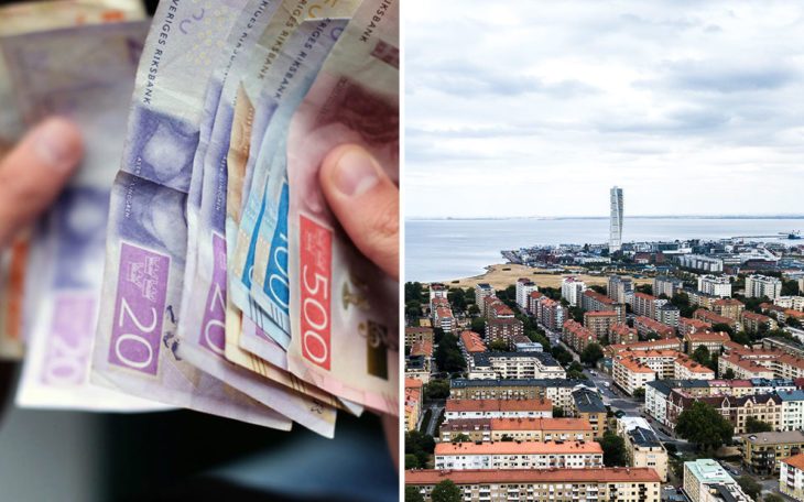 Bunt med pengar och drönarbild på Malmö.