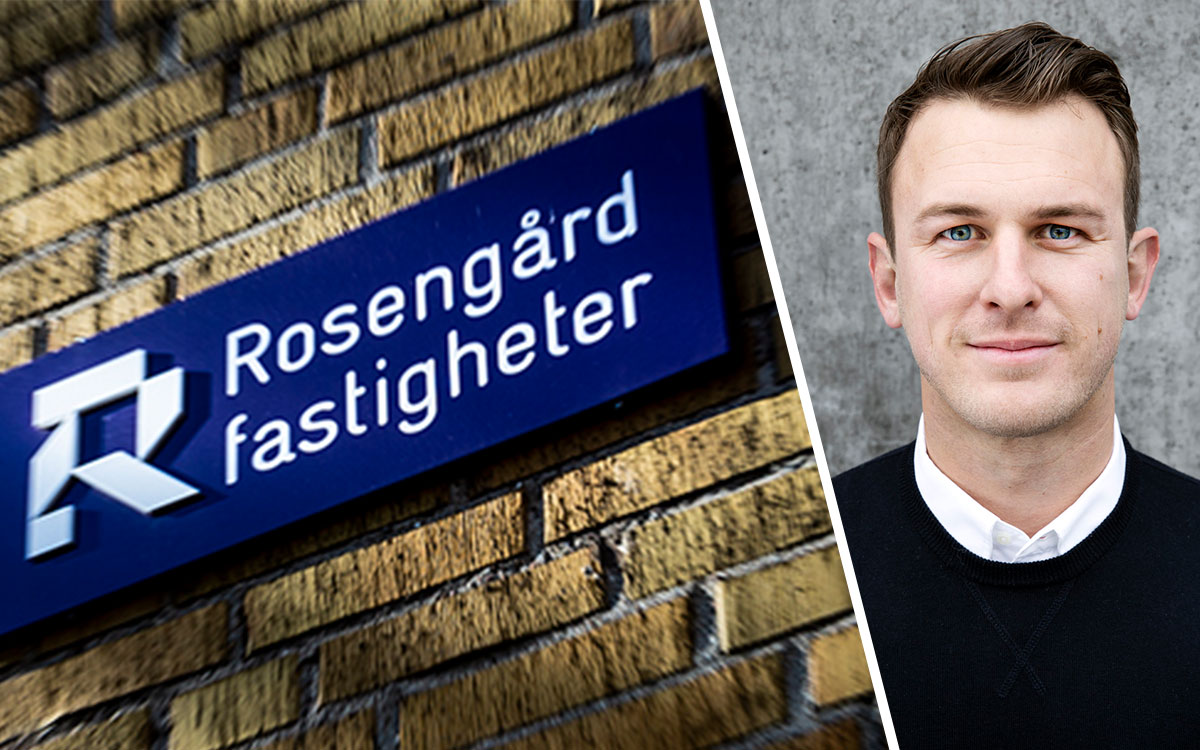 Skylt Rosengård fastigheter och Jens Ringö, fastighetschef på bolaget.