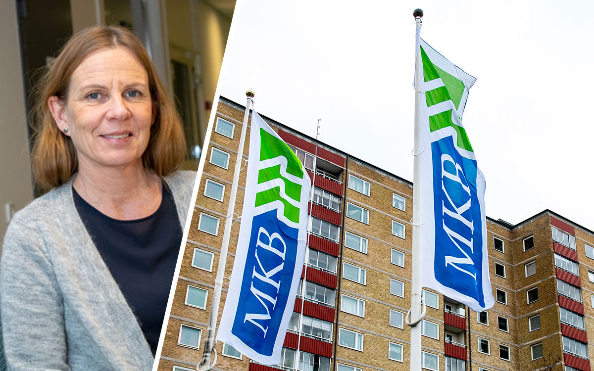 Eva Rosengren, chef på MKB och MKB-flaggor utanför hyreshus. De säger upp en hyresgäst som använder för lite varmvatten.