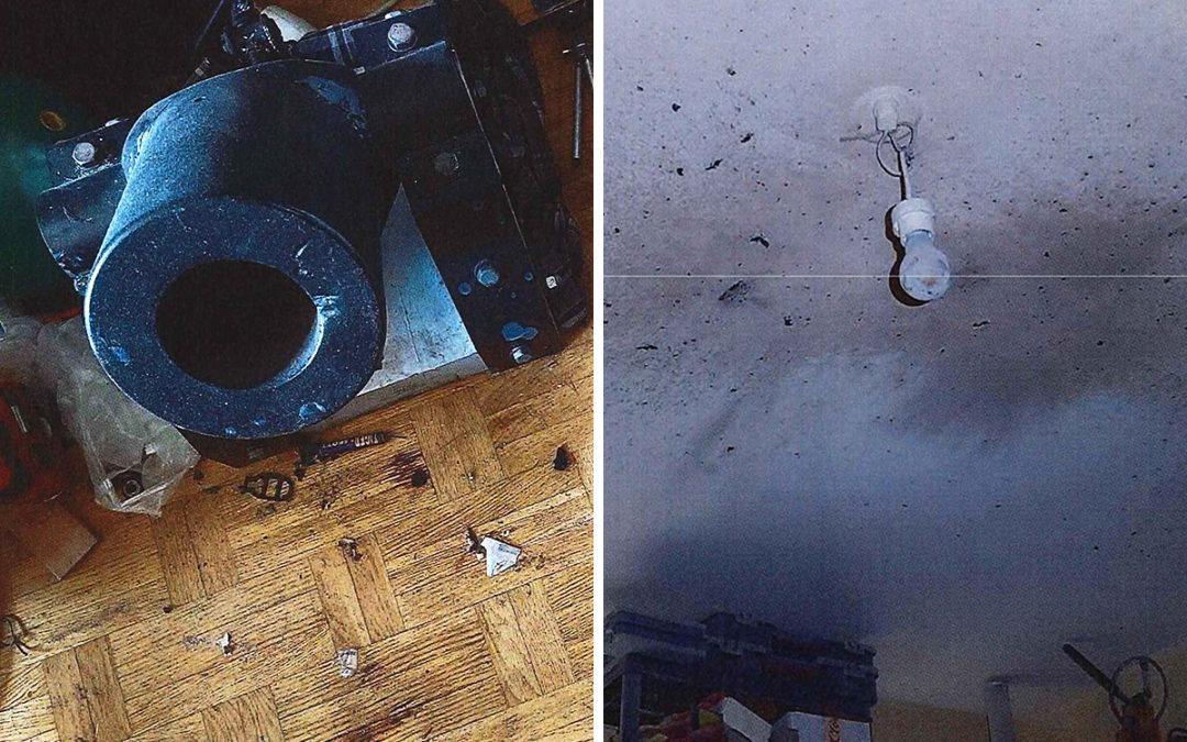 Bildmontage. Bilden visar brandskada i takt efter misstänkt explosion, och gjutjärnskanon.