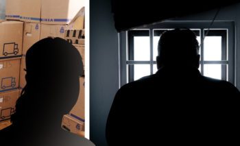 Montage av flera bilder. En silhuett av en kvinna, en man i fängelse och flyttlådor.