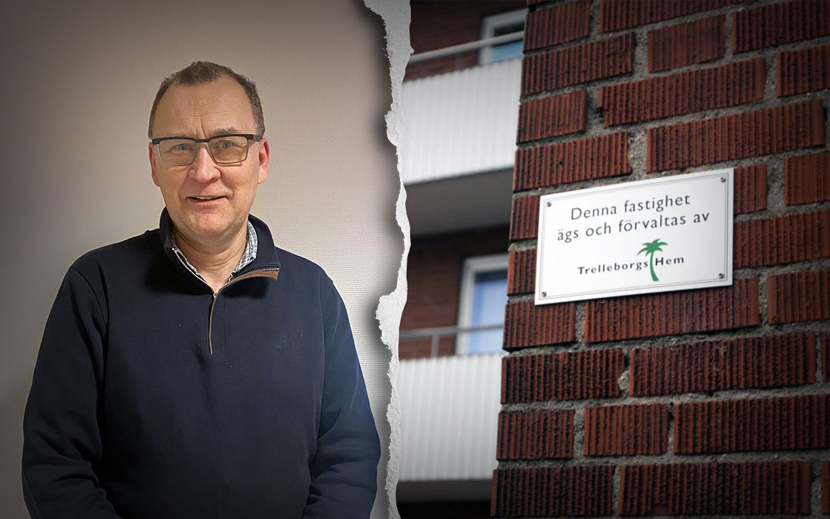 Hyresgästen Peter Walteus som förlorade alla sina saker i källarförrådet och en skylt på Trelleborgshem.