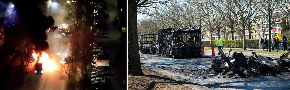 Stadsbuss uppbränd under påskkravallerna