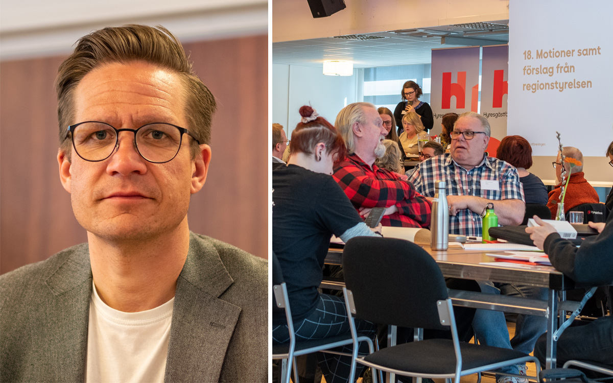 Bildmontage. Joel Ahonen, gruppchef för medlemsutveckling i region sydost, gläds åt ökande medlemsantal. Regionfullmäktige i Nässjö.