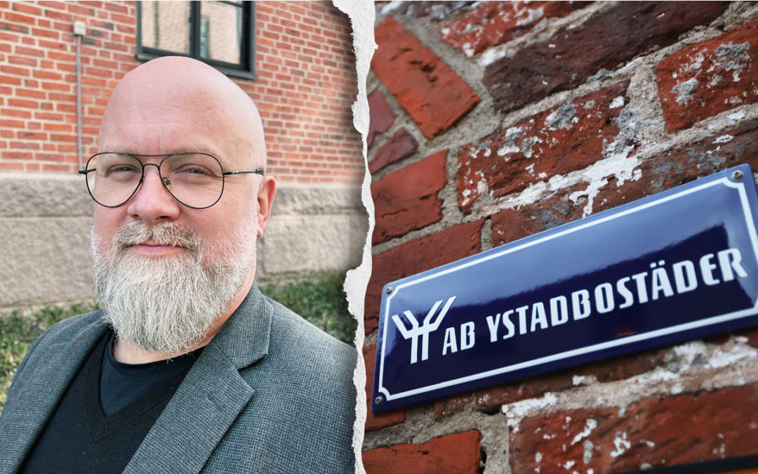 Christian Lundberg, förhandlare på Hyresgästföreningen, och en skylt på Ystadbostäder