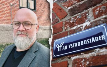 Christian Lundberg, förhandlare på Hyresgästföreningen, och en skylt på Ystadbostäder