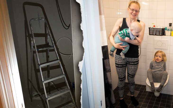 Före och efter. Lagom till att familjen Sandström fick tillökning stod det omtvistade badrummet klar. Mamma Johanna med barnen Vidar och Hilda.