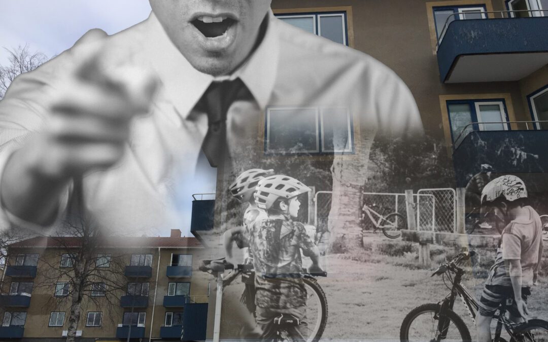 Montagebild med hyreshus, barn på cykel och en man som är arg.