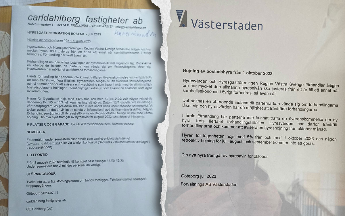 Några av trapplapparna som förvarnar hyresgästerna om direktaviserade hyreshöjningar. Till vänster är avsändaren Carl Dahlberg Fastigheter och till höger är det Västerstaden.