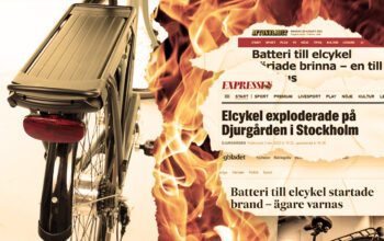 Elcykel och rubriker om batteribränder.