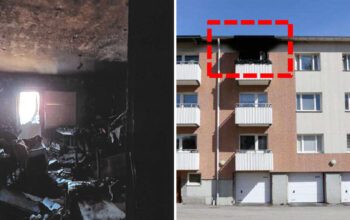 Till vänster: Skador efter brand i lägenhet. Till höger: Bild över lägenhetshuset.