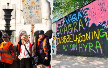 Demonstration mot dubbelhöjningen och en graffitivägg.