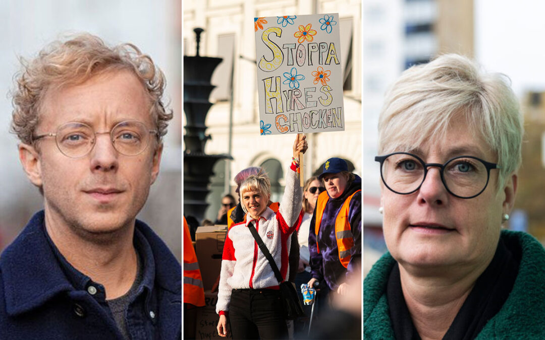 Carl-Johan Bergström, förhandlingschef på Hyresgästföreningen, demonstration mot dubbelhöjningarna i Malmö och Marie Linder, Hyresgästföreningens förbundsordförande.