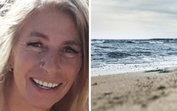 Tvådelad bild. Till vänster: närbild på Maria Krooks ansikte, hon ler och har ljust långt hår. Till höger: Bild på en tom sandstrand, hav och himmel. Det ser ut att vara mulet.