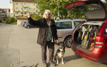 Foto på Marie Larsson, med en av sina hundar (Australian shepard) bredvid sig, och en som sticker ut nosen genom gallret i den öppna bakluckan på en röd bil. Marie har axellångt ljust/vitt hår, glasögon, grönmönstrad topp, svart jacka och svarta byxor. Hon gestikulerar åt vänster i bild med ett finger. i bakgrunden syns parkeringen och ett ljusgult fyravåningshus med putsad fasad.