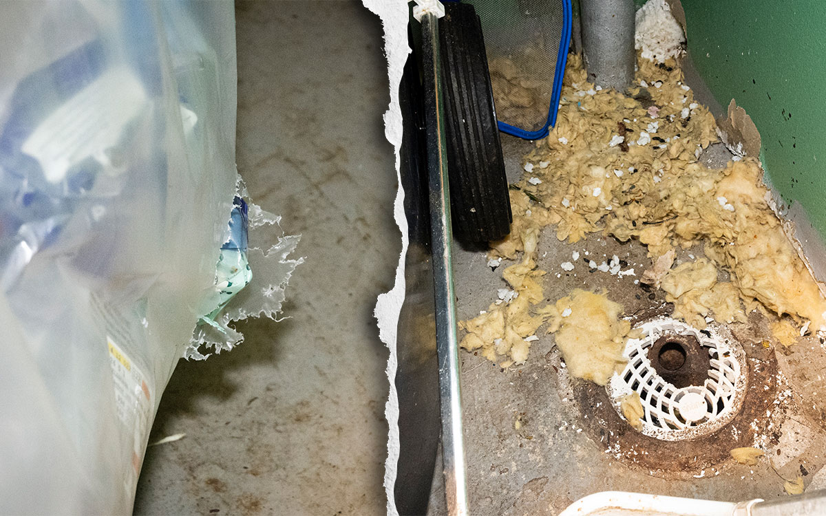 En tvådelad bild. Vänster halva visar en sopsäck som blivit söndergnag. Höger halva visar isolering och spillning på golvet i ett soprum.